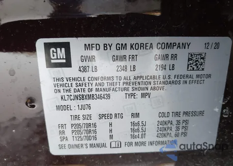 2021 Chevrolet Trax Awd Ls from USA, damaged, VIN KL7CJNSBXMB346439